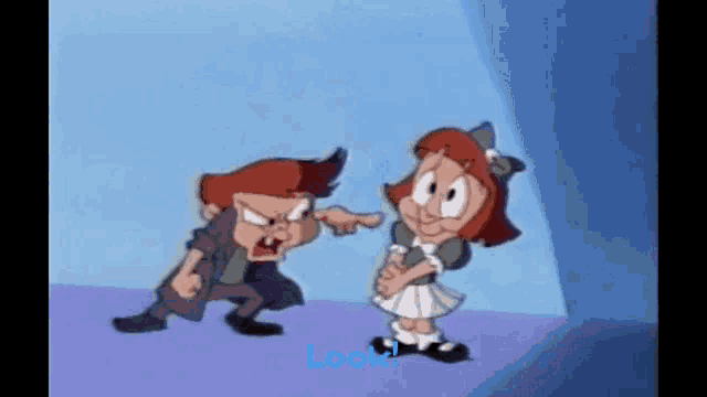 a boy and a girl are standing next to each other with the word look in blue