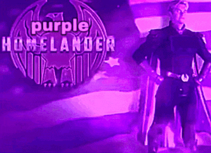 a man is standing in front of a purple homelander logo