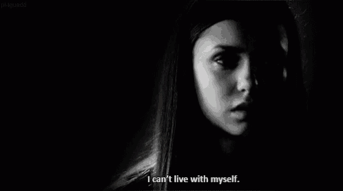 a black and white photo of a woman 's face with the words `` i can t live with myself '' .