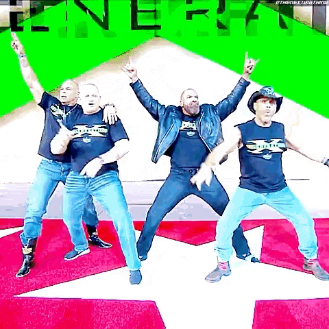 a group of men are dancing in front of a green screen with the word generation written on it