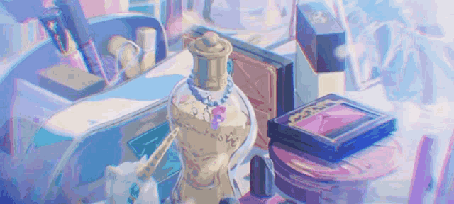a bottle of perfume is sitting on top of a table next to a mirror and cosmetics .