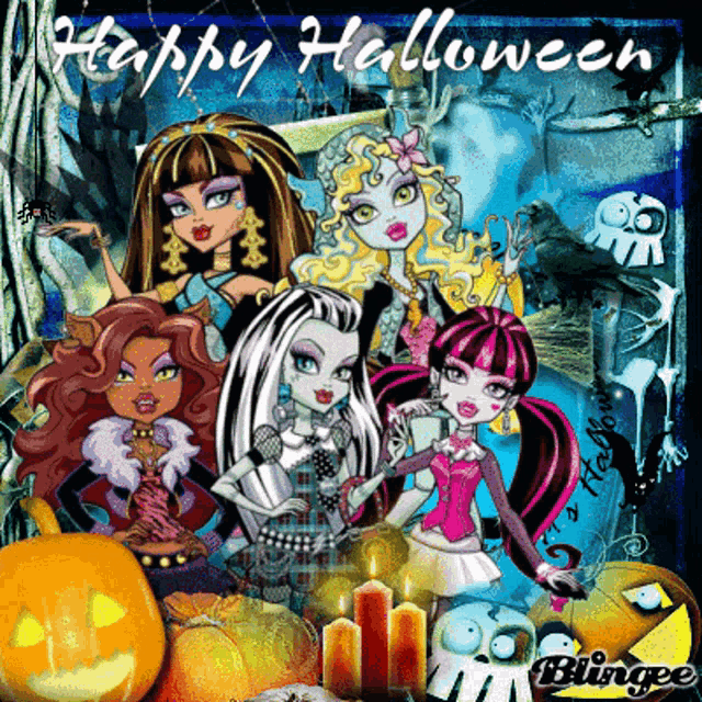 a happy halloween greeting card with monster high girls