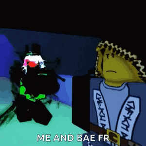 a cartoon character is standing next to another cartoon character and says `` me and bae fr ''