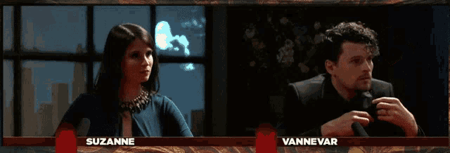 a man and a woman are sitting next to each other and the woman is named suzanne and the man named vannevar