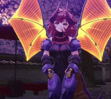 a girl with horns and wings is standing in front of a red umbrella