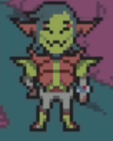a pixel art drawing of a cartoon character with a green face and a pink shirt .