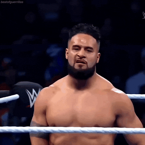 a man without a shirt is standing in a wrestling ring