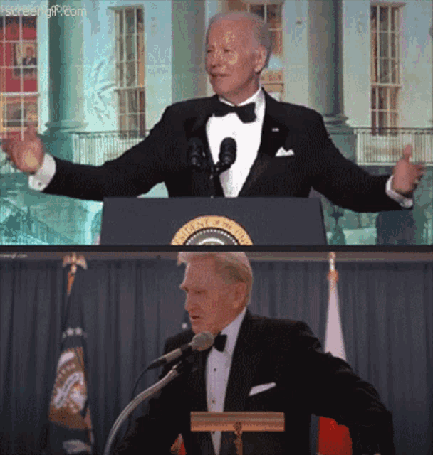 a man in a tuxedo stands at a podium in front of a screen that says screen gif.com