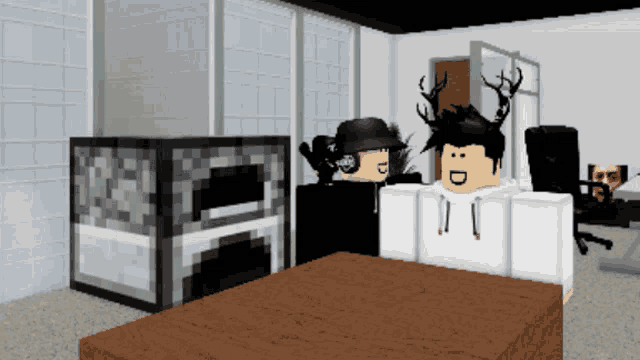 two roblox characters are sitting at a table in a living room