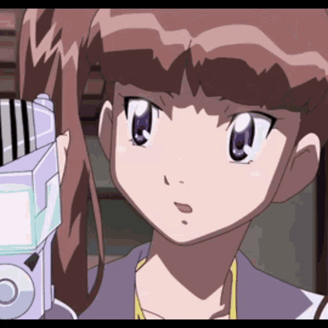 a girl with purple eyes is holding a purple device
