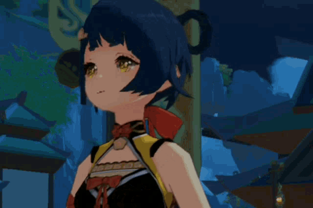 a girl with blue hair and yellow eyes is standing in front of a building with the letter s on it