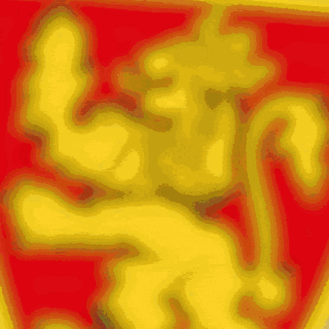a red and yellow background with a lion on it