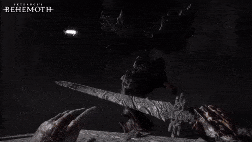 a video game called benemoth is shown in a dark room
