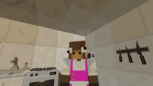 a minecraft character wearing a pink apron stands in front of a stove