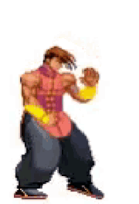 a pixel art of a man in a red and yellow outfit standing on a white background .