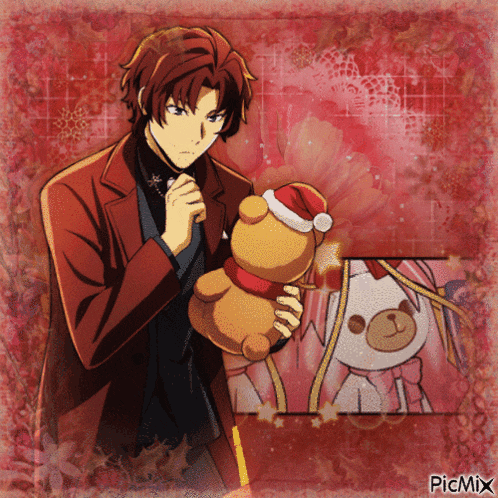 a picture of a man holding a teddy bear with a santa hat on it