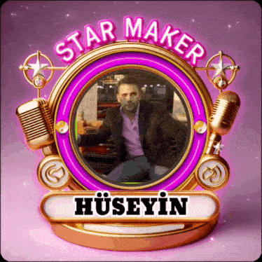 a picture of a man in a purple and gold star maker frame