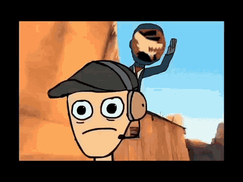 a cartoon of a man wearing a hat and headphones standing next to another man .