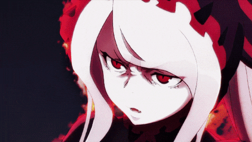 a close up of a anime character with red eyes and white hair