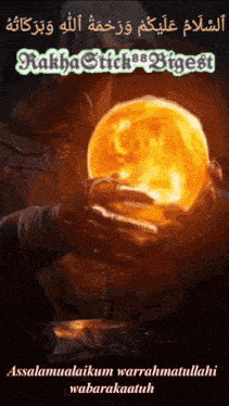 a picture of a man holding a glowing ball with the words " assalaamualaikum warrahmatullahi wabarakatuh "