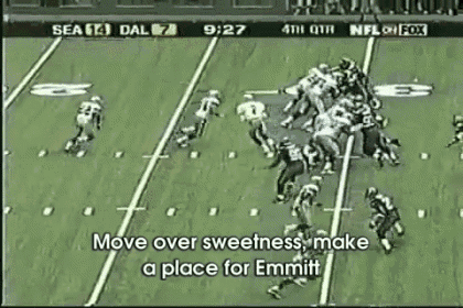 a football game is being played between sea and dallas and the words move over sweetness make a place for emmitt are on the screen