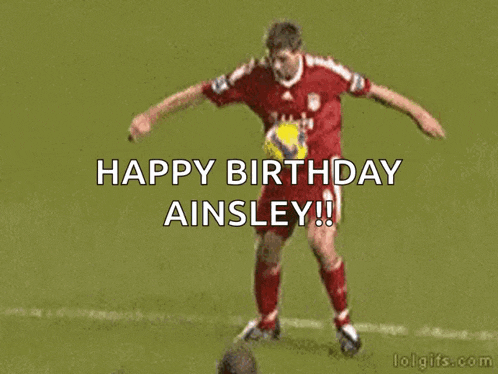 a soccer player is falling on the field and says happy birthday aisley