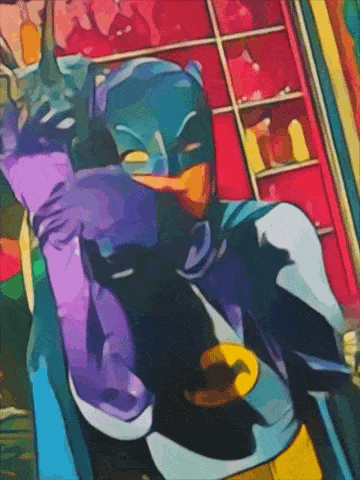 a painting of a man in a batman costume holding a cat