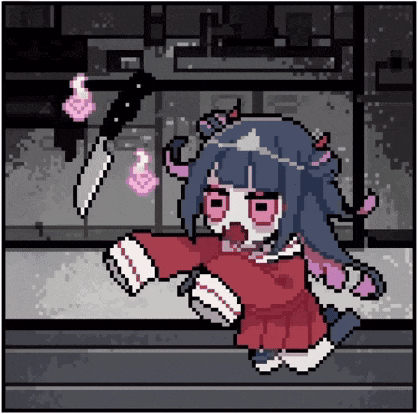 a pixel art of a girl holding a knife and a ghost .