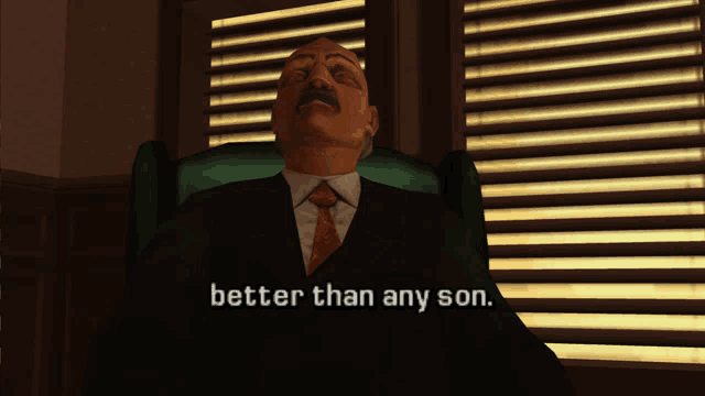 a man in a suit and tie is sitting in front of a window with the words better than any son below him