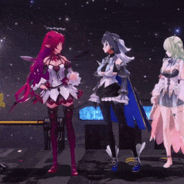 a group of anime girls standing next to each other in a dark room