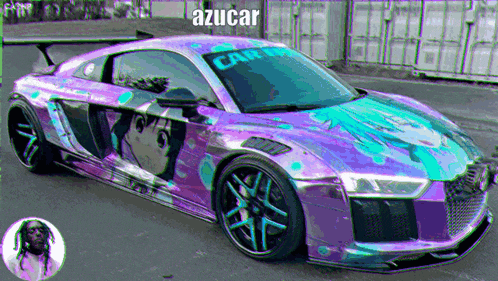a purple car with the word azucar on the side