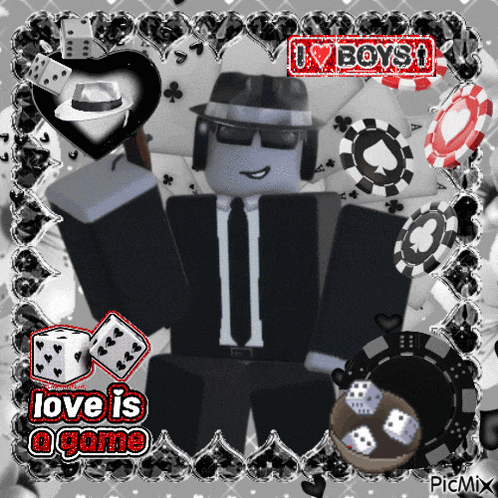 a man in a suit and tie is surrounded by poker chips and dice