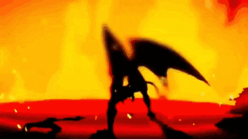 a silhouette of a demon with wings and horns standing in front of a fire .