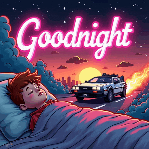 a poster that says goodnight with a car on the road