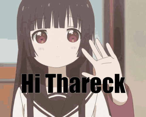 a girl in a school uniform is waving and the words hi thareck are below her