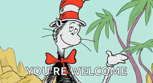 dr. seuss 's cat in the hat is standing in front of a palm tree and says `` you 're welcome '' .