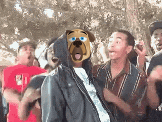 a man wearing a hooded jacket with a dog face on his face