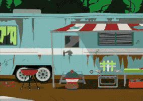 a cartoon drawing of a trailer with a red and white awning