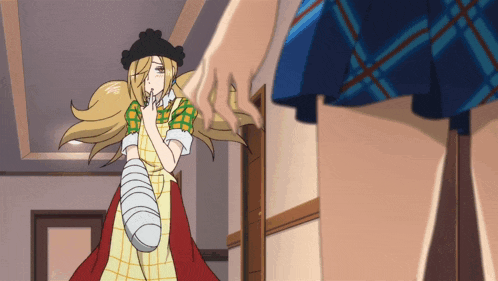 a girl in a plaid skirt is standing next to a girl in a yellow apron