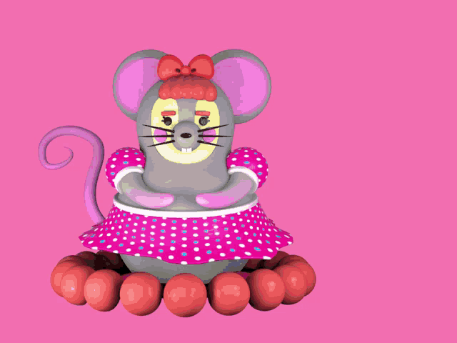a cartoon mouse wearing a pink and white polka dot dress says xoxo on a pink background