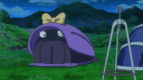 a girl standing in front of a purple tent with a yellow bow