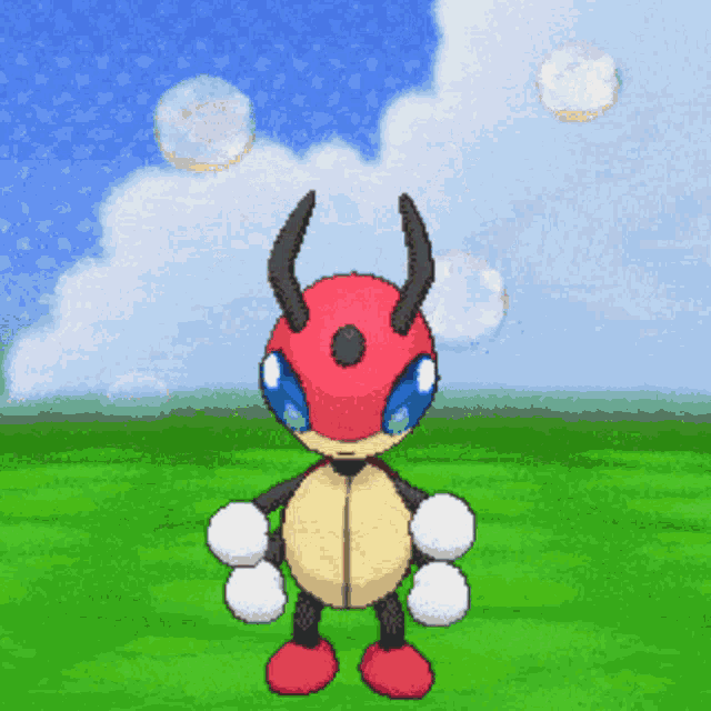 a cartoon character with horns and blue eyes is standing in a grassy field