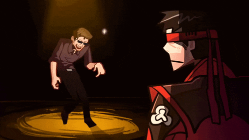 a cartoon of a man pointing at another man with a red headband with the letter c on it