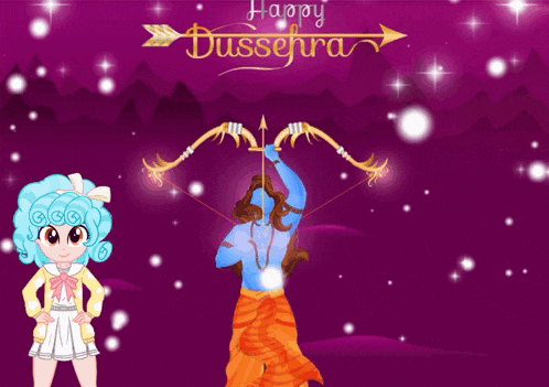 a happy dussehra greeting card with a girl and a man with a bow and arrow