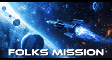 a poster for folks mission shows a space ship flying through space