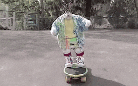 a deer is riding a skateboard on a street