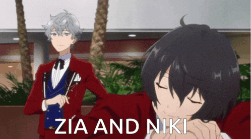 a picture of two anime characters with the words " zia and niki " on the bottom
