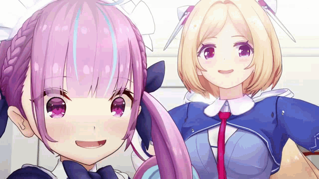 two anime girls with purple hair and blonde hair are standing next to each other