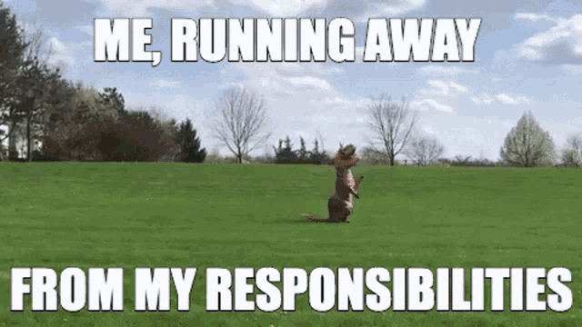 a person in a dinosaur costume is running away from their responsibilities in a field .