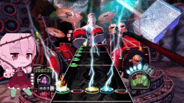 a video game shows a girl playing drums with a score of 39933 on the screen